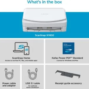 ScanSnap iX1600 Photo and Document Scanner, Wireless or USB, High-Speed, Cloud Enabled, Large Touchscreen, Auto Document Feeder, Mac or PC, White