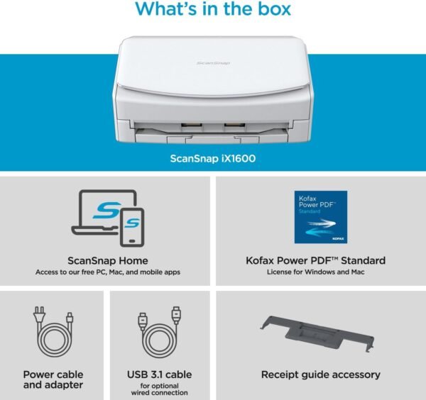 ScanSnap iX1600 Photo and Document Scanner, Wireless or USB, High-Speed, Cloud Enabled, Large Touchscreen, Auto Document Feeder, Mac or PC, White