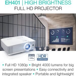 Optoma EH401 Compact Standard Throw Professional Projector, 1080p with 4K HDR Input, High Bright 4,000 Lumens