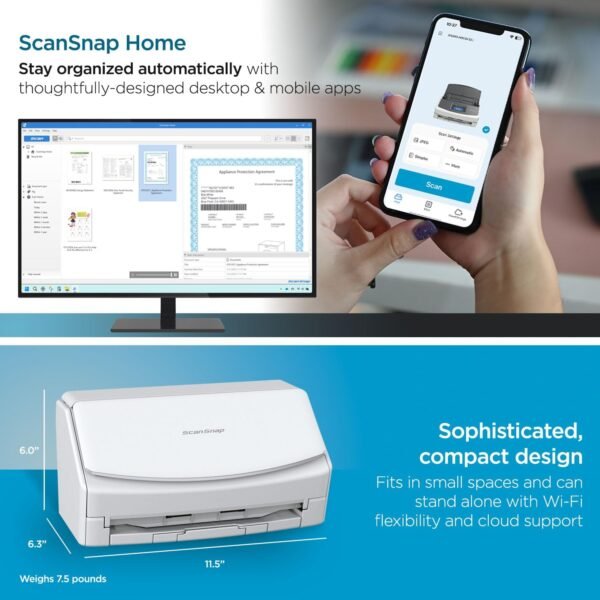 ScanSnap iX1600 Photo and Document Scanner, Wireless or USB, High-Speed, Cloud Enabled, Large Touchscreen, Auto Document Feeder, Mac or PC, White