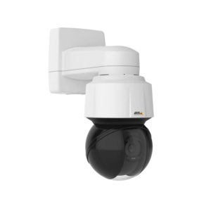 AXIS Q6135-LE PTZ Network Camera mounted on a wall, featuring a robust white casing with a black dome for high-performance outdoor surveillance.