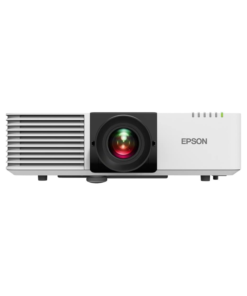 White Epson PowerLite L630SU Short Throw 3LCD Laser Projector ceiling mounted in a modern corporate conference room with 6,000 lumens.