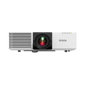 White Epson PowerLite L630SU Short Throw 3LCD Laser Projector ceiling mounted in a modern corporate conference room with 6,000 lumens.
