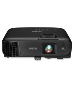 White Epson PowerLite 1288 Full HD 1080p Projector projecting a high-definition business presentation in a bright corporate meeting room.