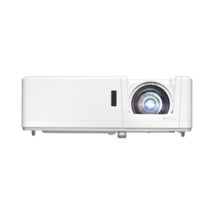 Optoma GT1090HDR laser projector on a media console projecting vivid 4K HDR content