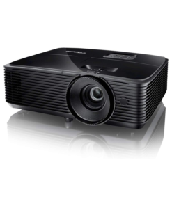 Optoma HD143X projector showing a vibrant HD image in a cozy home theater room