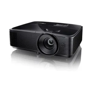 Optoma HD143X projector showing a vibrant HD image in a cozy home theater room