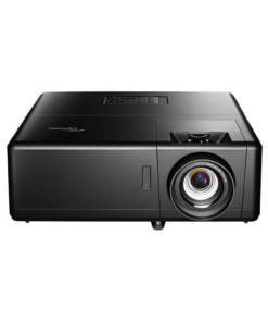 Optoma UHZ55 4K smart laser projector displaying high-resolution HDR visuals in a modern home theater