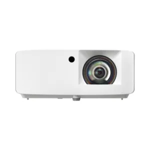 Optoma ZH340ST laser projector displaying a bright, crisp presentation on a short throw setup