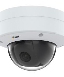 Axis P3245-VE outdoor-ready dome camera with a white vandal-resistant housing and clear glass dome showing the lens.