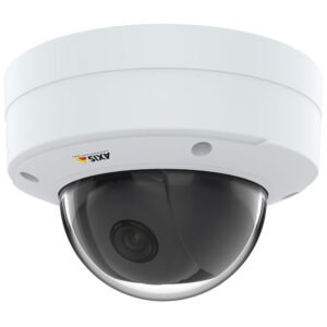 Axis P3245-VE outdoor-ready dome camera with a white vandal-resistant housing and clear glass dome showing the lens.