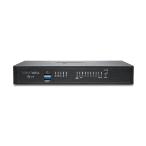 Front view of a black SonicWall TZ670 security appliance featuring status LEDs, two USB 3.0 ports, and 10 Ethernet port indicators.