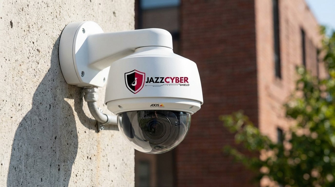 Axis P3245-VE outdoor dome camera mounted on a concrete wall with Jazz Cyber Shield branding.