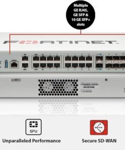 Front view of FortiGate-100F showing dual power supplies and network ports.