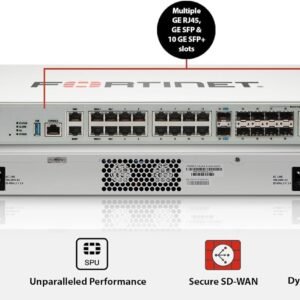 Front view of FortiGate-100F showing dual power supplies and network ports.