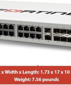 FortiGate-100F rackmount firewall with dual power and fiber optic connectivity.