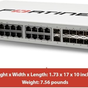 FortiGate-100F rackmount firewall with dual power and fiber optic connectivity.