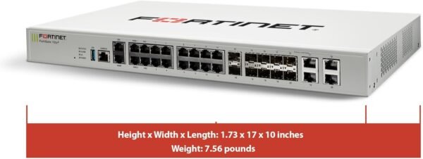 FortiGate-100F rackmount firewall with dual power and fiber optic connectivity.