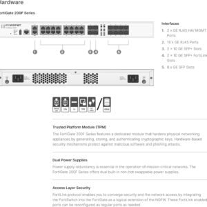 FortiGate-200F Firewall offers advanced protection with 18 GE RJ45 ports, 8 GE SFP slots, and 4 10GE SFP+ ports, ideal for mid-sized enterprises.