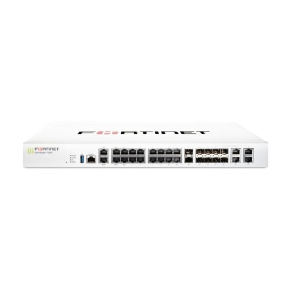 FortiGate-100F Firewall Appliance with multiple Gigabit Ethernet and SFP ports.