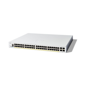 Front view of Cisco Catalyst C1200-48P-4X 48 port PoE switch with 10G SFP ports.
