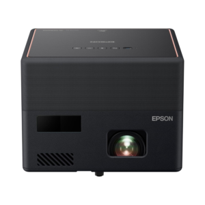 Black Epson EpiqVision Mini EF12 smart streaming laser projector in a living room.