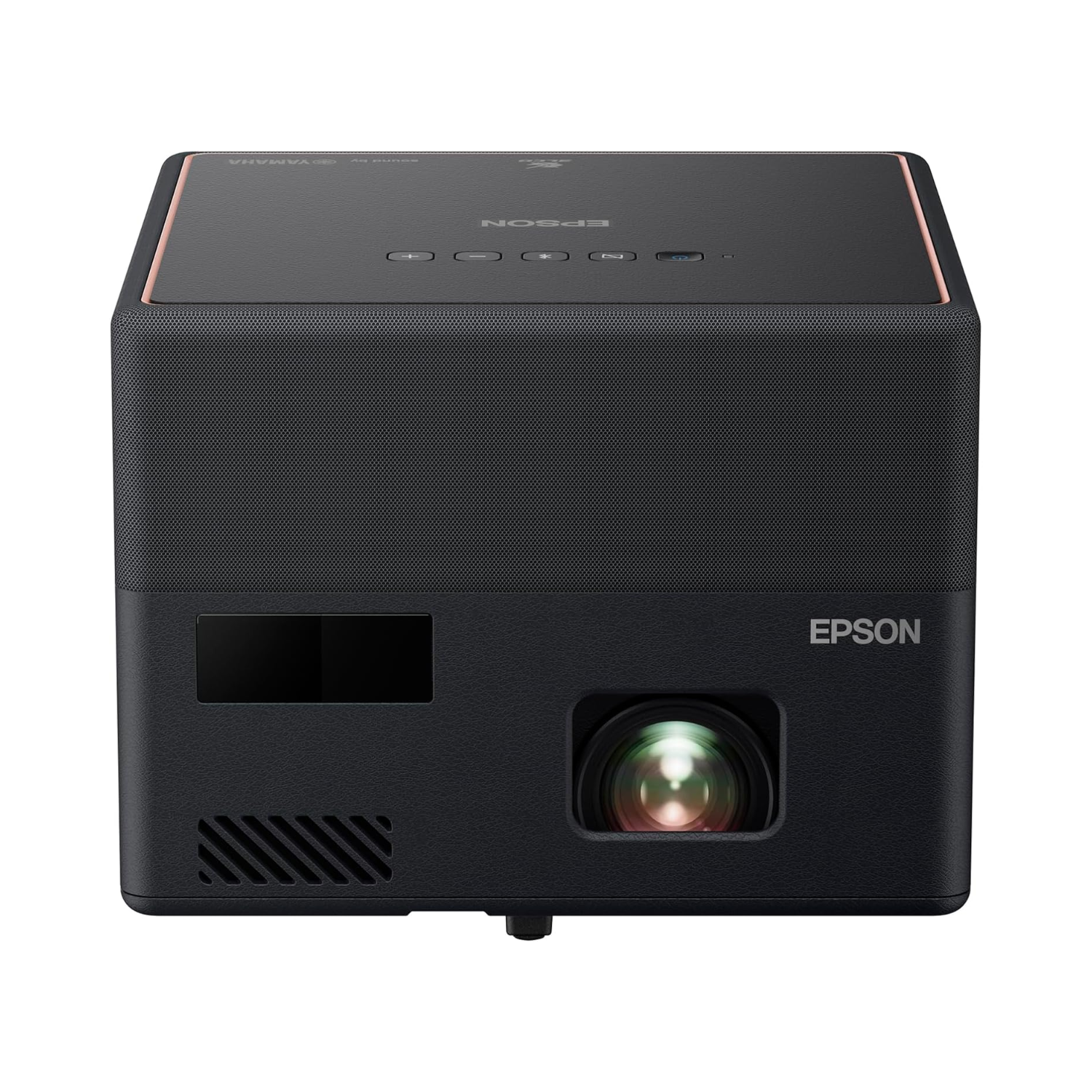 Black Epson EpiqVision Mini EF12 smart streaming laser projector in a living room.