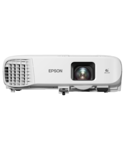 Epson PowerLite 982W white LCD projector mounted on a ceiling.